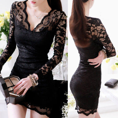 spring and autumn models new night dress women's lace bottoming skirt sexy temperament female long-sleeved autumn dress