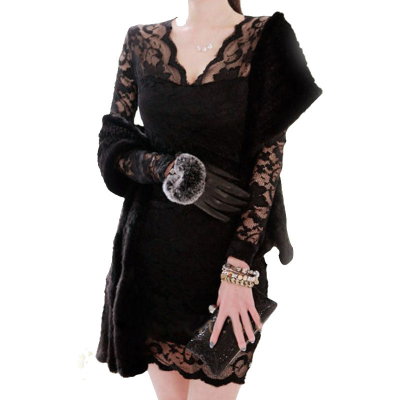 spring and autumn models new night dress women's lace bottoming skirt sexy temperament female long-sleeved autumn dress